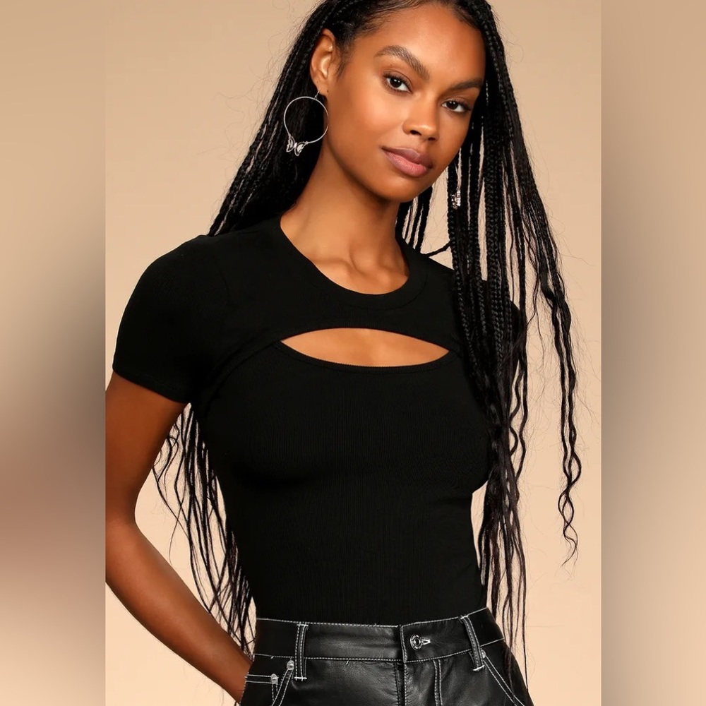 Lulus Flirty Little Secret Black Ribbed Cutout Short Sleeve Top xl sold out